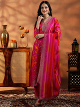 Women's Pink Printed Kurta With Woven Design Floral Motifs & Trouser With Dupatta