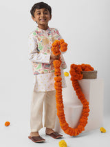 Boys White Cotton Sewn on Pocket Square Kurta Set with Printed Nehru Jacket