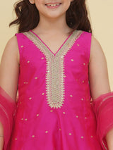 Girls Pink Self Design Kurta and Afgani Salwar With Dupatta