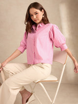 Women's Pink Party Striped Three Quarter Sleeves Shirt