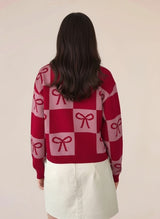 Women's Red Colour Blocked Check With Graphic Bows Cardigan