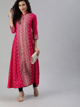 Women's Pink White Printed A-Line Kurta with Mirror Work