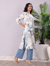 Women's White & Blue Floral Printed V Neck Sequinned Panelled Cotton A Line Kurta