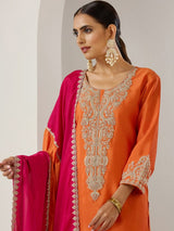 Women's Orange Polyester Chinon 3 Pieces Kurta Set