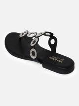 Women's Black Casual Leather T-Strap