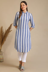 Women's Blue And White Casual Striped Crepe Kurta