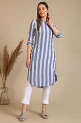 Women's Blue And White Casual Striped Crepe Kurta