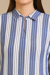 Women's Blue And White Casual Striped Crepe Kurta