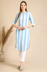 Women's Blue And White Casual Striped Crepe Kurta