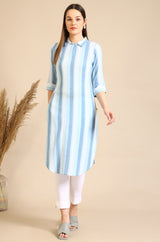 Women's Blue And White Casual Striped Crepe Kurta