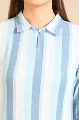Women's Blue And White Casual Striped Crepe Kurta