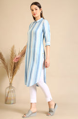 Women's Blue And White Casual Striped Crepe Kurta