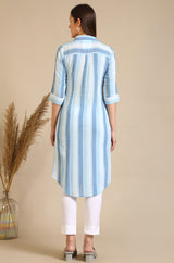 Women's Blue And White Casual Striped Crepe Kurta