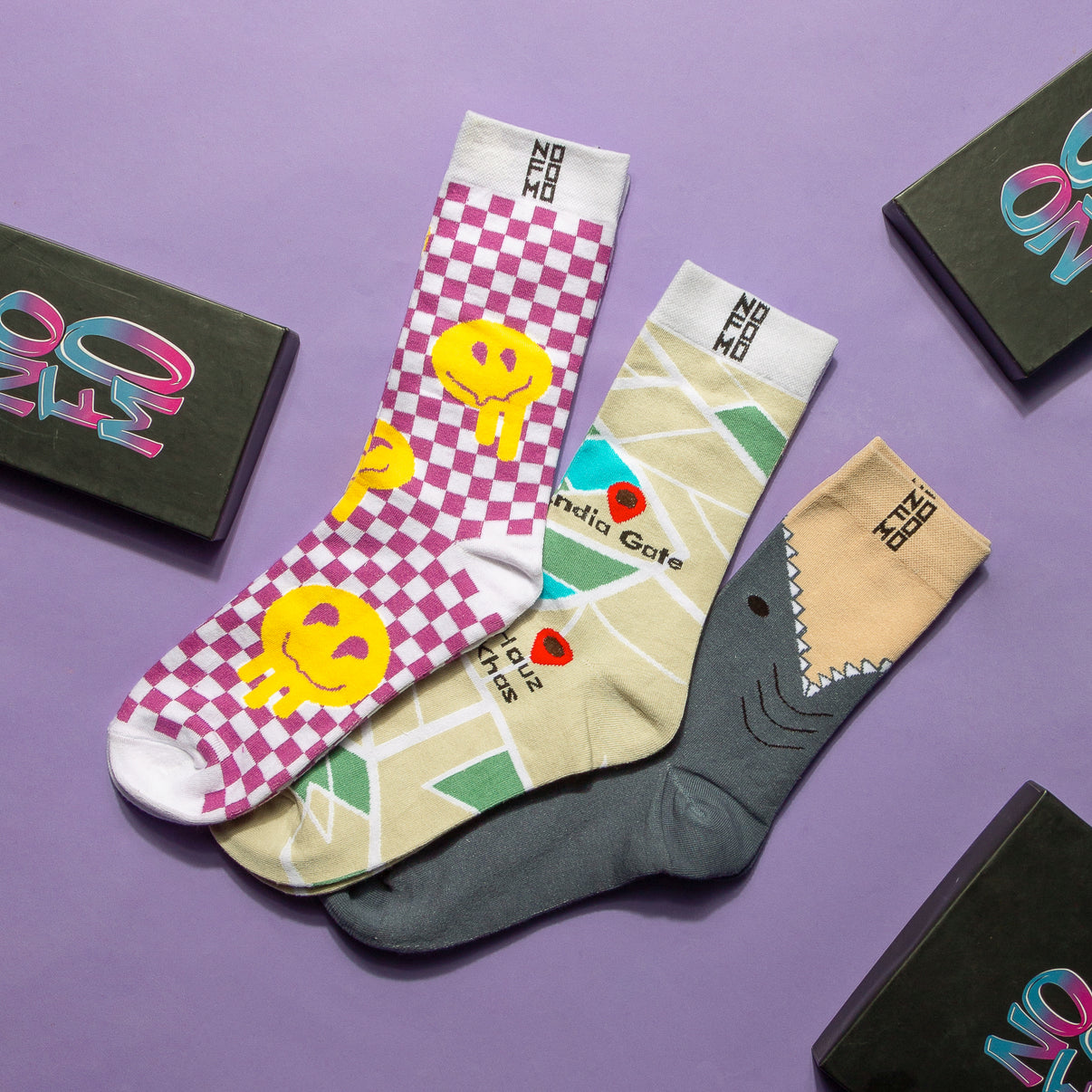 Unisex Multi-Colour Crew Lengh Smiling Board, Delhi Maps, Shark Attack Socks - Pack of 3
