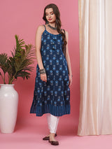 Women's Blue Floral Jaipuri Print Strappy A-Line Kurta