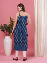 Women's Blue Floral Jaipuri Print Strappy A-Line Kurta