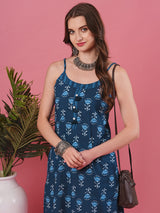 Women's Blue Floral Jaipuri Print Strappy A-Line Kurta