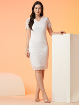 Women's Opaque Stretchable Floral Lace Midi Bodycon Party Dress