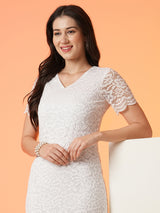 Women's Opaque Stretchable Floral Lace Midi Bodycon Party Dress