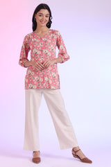 Women's Pink Floral Printed Modal Straight Kurti