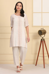 Women's Beige Striped Yarn Dyed Rayon Straight Kurti