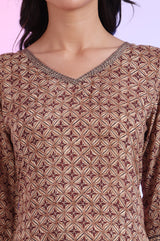 Women's Brown Geometric Printed Modal Straight Kurti