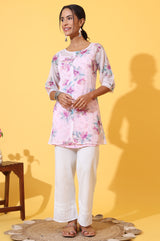 Women's Pink Floral Printed Chiffon Straight Kurti