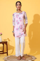 Women's Pink Floral Printed Chiffon Straight Kurti