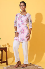 Women's Pink Floral Printed Chiffon Straight Kurti