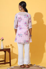 Women's Pink Floral Printed Chiffon Straight Kurti