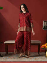 Women's Maroon Collared Neck Gold Foil Bandhani Print Shirt with Palazzos Fusion Co-Ord Set