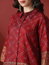 Women's Maroon Collared Neck Gold Foil Bandhani Print Shirt with Palazzos Fusion Co-Ord Set