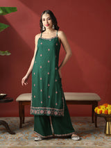 Women's Green Round Neck Strappy Shoulder Floral Embroiered Straight Kurta with Wide Leg Pants Festive Set