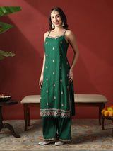 Women's Green Round Neck Strappy Shoulder Floral Embroiered Straight Kurta with Wide Leg Pants Festive Set