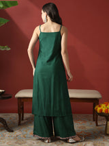 Women's Green Round Neck Strappy Shoulder Floral Embroiered Straight Kurta with Wide Leg Pants Festive Set