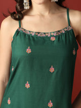 Women's Green Round Neck Strappy Shoulder Floral Embroiered Straight Kurta with Wide Leg Pants Festive Set