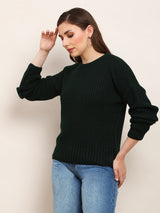 Women's Green Casual Self Design Round Neck Drop Shoulder Long Sleeves Pullover Sweater