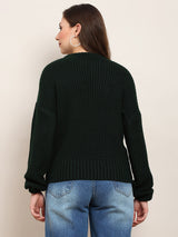 Women's Green Casual Self Design Round Neck Drop Shoulder Long Sleeves Pullover Sweater