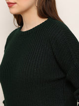 Women's Green Casual Self Design Round Neck Drop Shoulder Long Sleeves Pullover Sweater