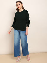 Women's Green Casual Self Design Round Neck Drop Shoulder Long Sleeves Pullover Sweater