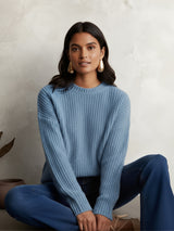 Women's Blue Casual Round Neck Drop Shoulder Sleeves Cable Knit Pullover Sweater