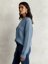 Women's Blue Casual Round Neck Drop Shoulder Sleeves Cable Knit Pullover Sweater