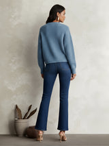 Women's Blue Casual Round Neck Drop Shoulder Sleeves Cable Knit Pullover Sweater