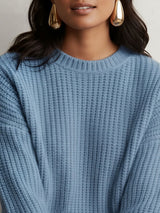 Women's Blue Casual Round Neck Drop Shoulder Sleeves Cable Knit Pullover Sweater