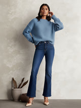 Women's Blue Casual Round Neck Drop Shoulder Sleeves Cable Knit Pullover Sweater