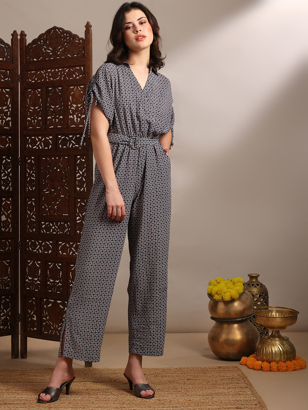 Women's Black Geometric Print Collared Neck Ruched Extended Sleeves Belted Long Line Jumpsuit