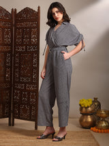 Women's Black Geometric Print Collared Neck Ruched Extended Sleeves Belted Long Line Jumpsuit