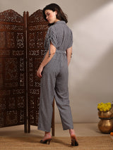 Women's Black Geometric Print Collared Neck Ruched Extended Sleeves Belted Long Line Jumpsuit