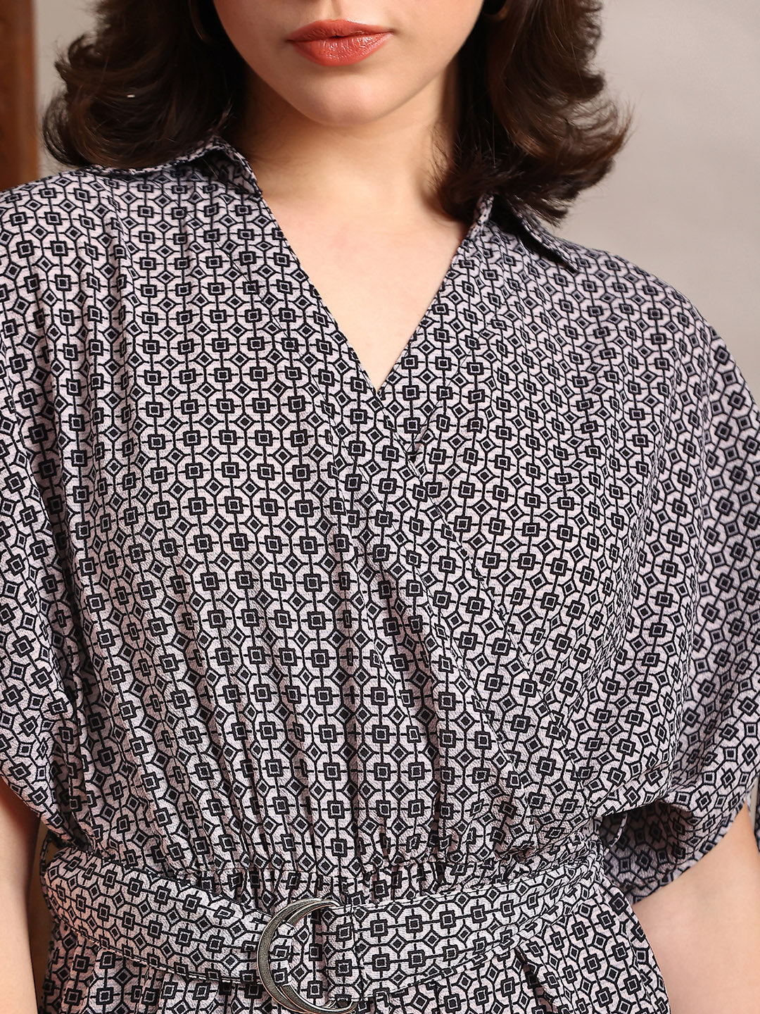 Women's Black Geometric Print Collared Neck Ruched Extended Sleeves Belted Long Line Jumpsuit