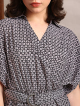 Women's Black Geometric Print Collared Neck Ruched Extended Sleeves Belted Long Line Jumpsuit